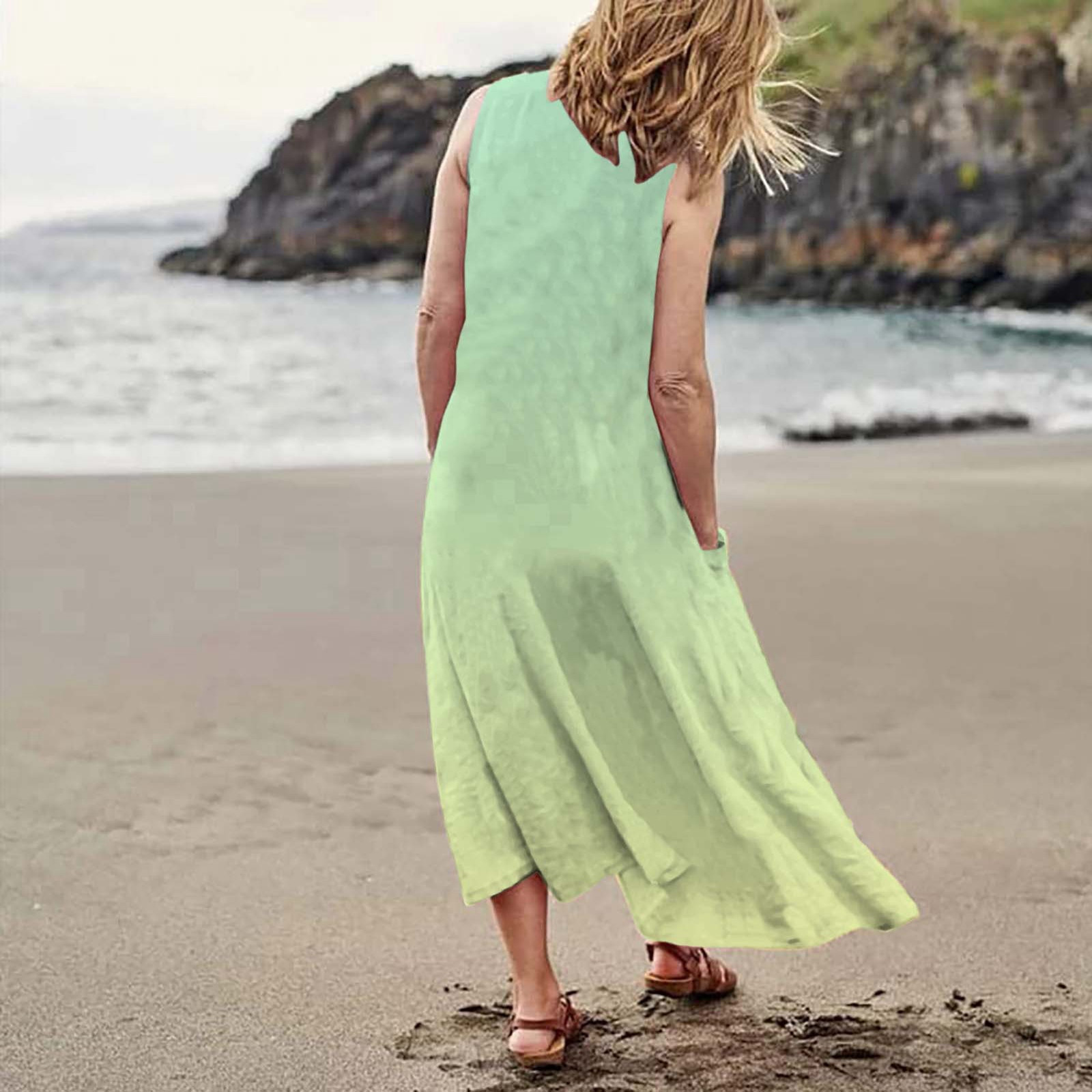 thumbnail image 2 of Vestido largo informal de verano con cuello redondo y estampado degradado para mujer, 2 of 6